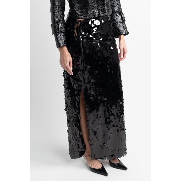 Black Sequin Midi Skirt with Side Cutout